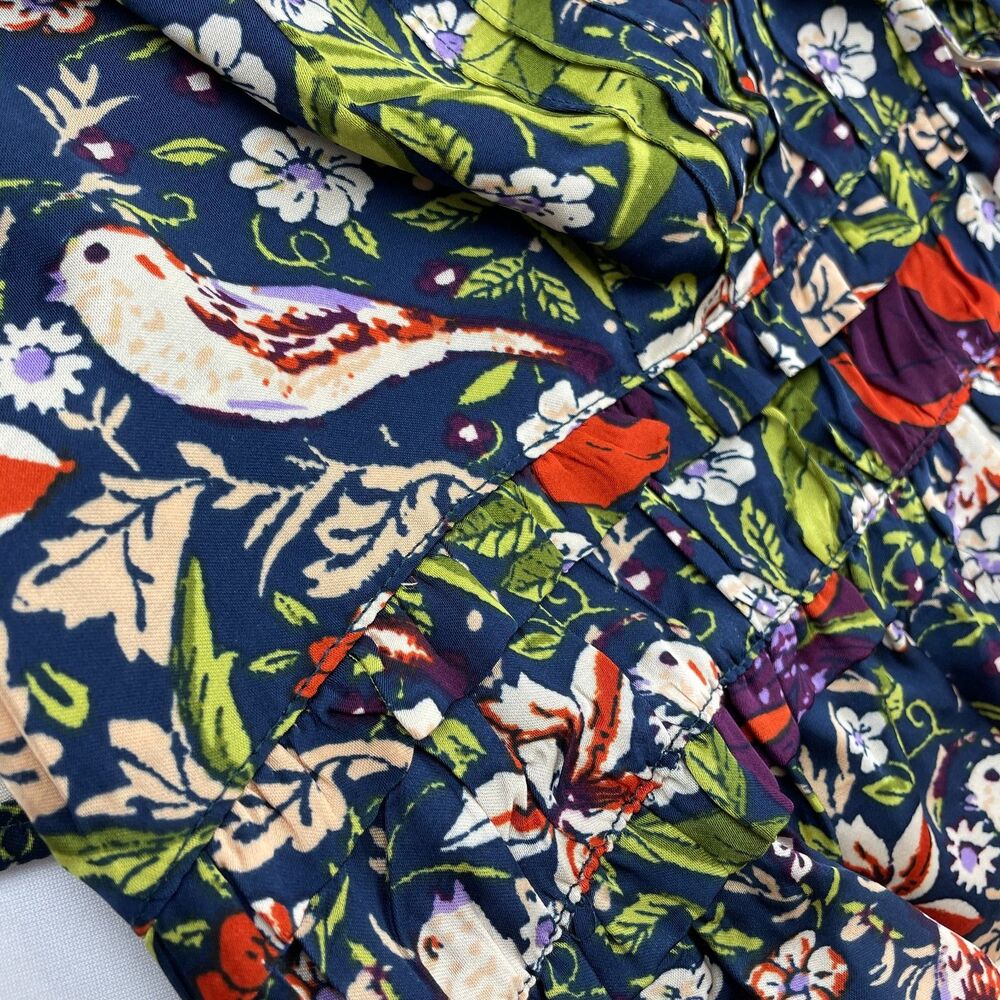~ Anthropologie M Silky Cami Boho Botanical Birds Floral Strappy Sleeveless Blue